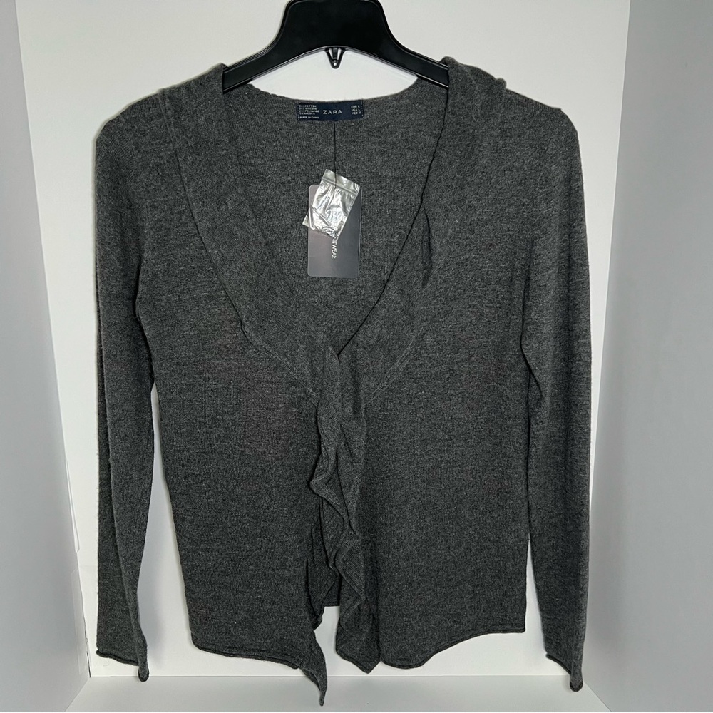 Zara Women Long Sleeve Ruffled Cardigan Hook and Eye Closure Brown Size L